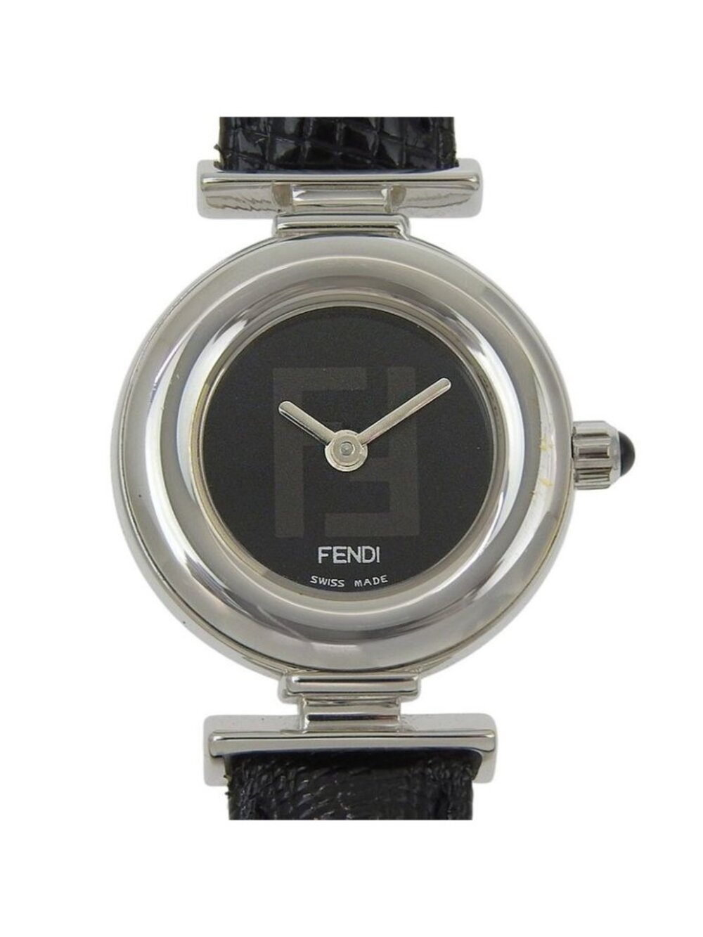 Fendi Stainless Steel Leather Quartz Analog Display Black Dial Watch